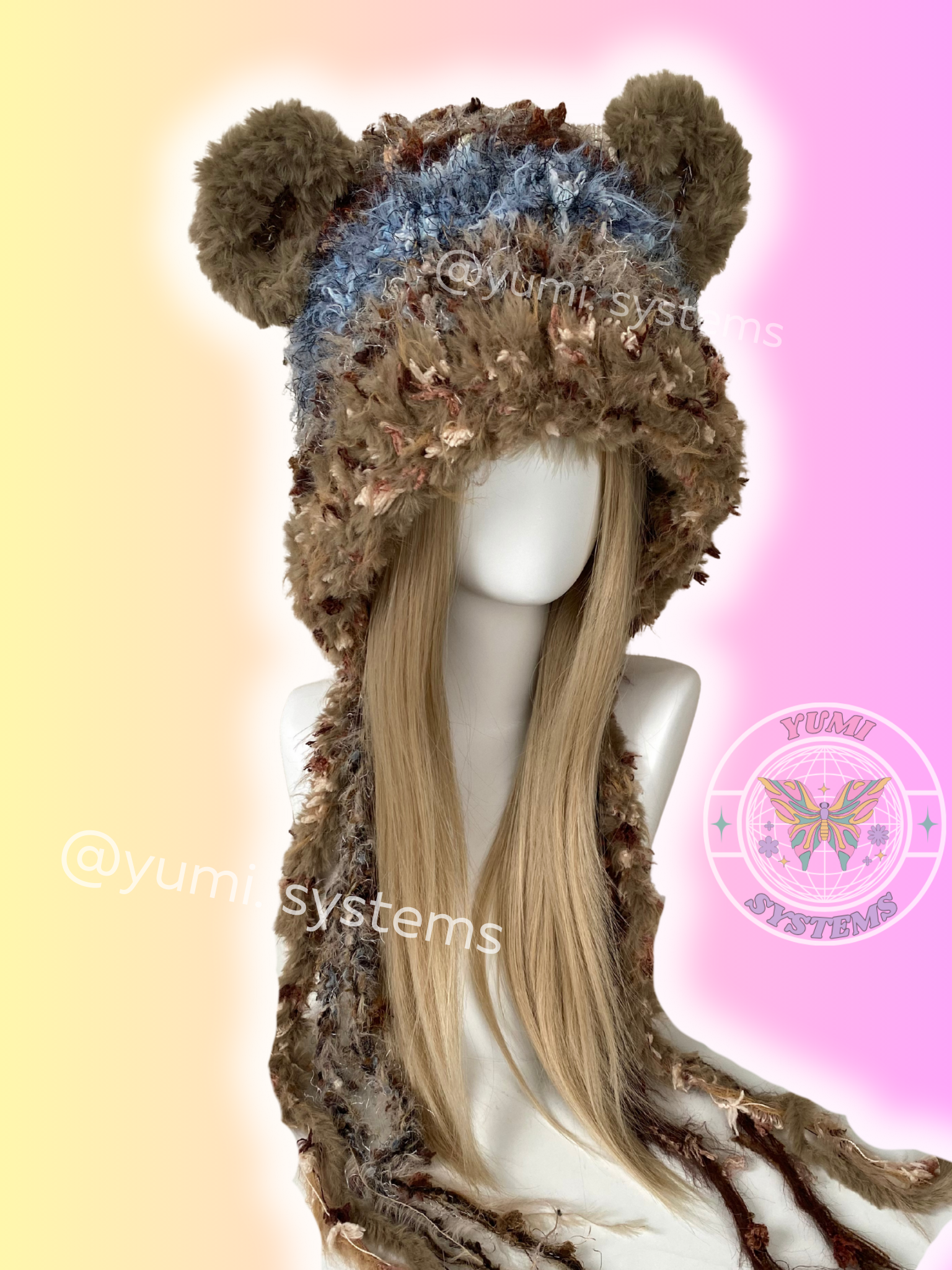 Artisan handmade earth-tone plush beanie with detachable ears, shaggy textured crochet hat by yumi.systems.