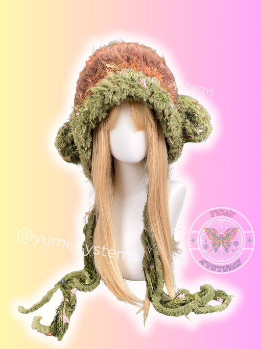 Artisan handmade shaggy plush hat with animal ears, multi-color neon and earth tone crochet by yumi.systems.