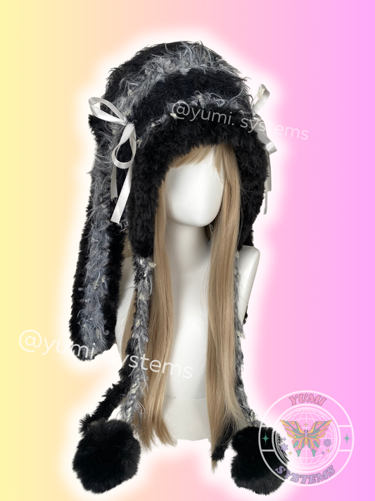 Gothic black and grey furry hand-crocheted hat with bows and detachable ears by yumi. systems.