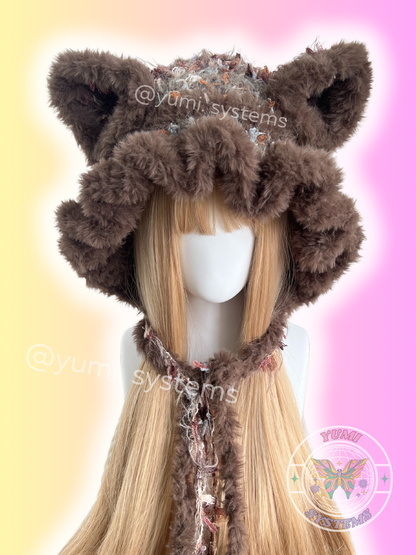  Fluffy brown handmade crochet bonnet with bear ears on mannequin, maillard aesthetic, thick texture.